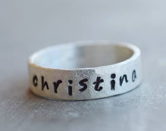 Personalized hammered band sterling silver ring, 5 mm sterling silver ring with custom text