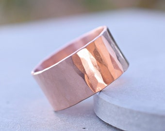 Roségold breites Band gehämmert Sterling Silber Ring, 10 mm Sterling Silber rosé vergoldet