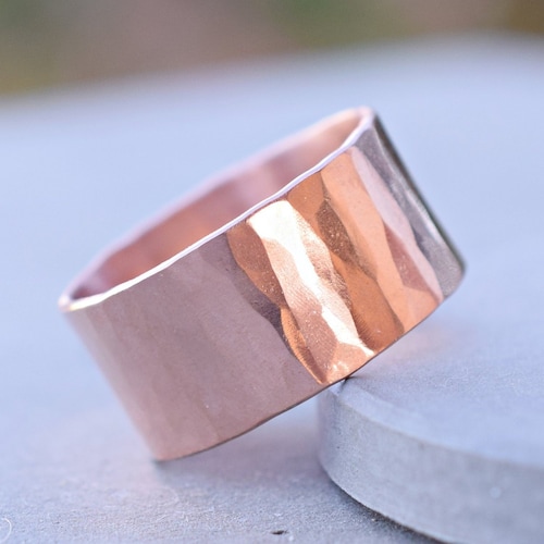 Rose Gold Wide Band Hammered Sterling Silver Ring 10 Mm Etsy