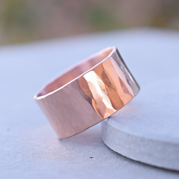 Rose gold wide band hammered sterling silver ring, 10 mm sterling silver rose gold plated