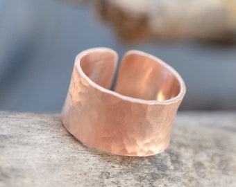 Open rose gold plated wide band hammered sterling silver ring