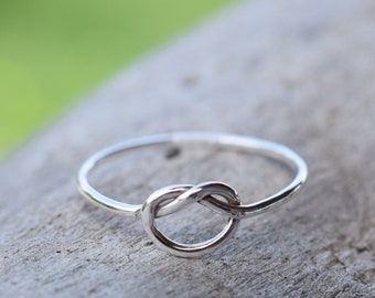 love knot skinny sterling silver ring, stackable skinny silver ring, tie the knot ring, heart knot ring