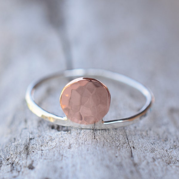 Full Moon stackable sterling silver ring with hammered copper disc, circle ring, contemporary ring