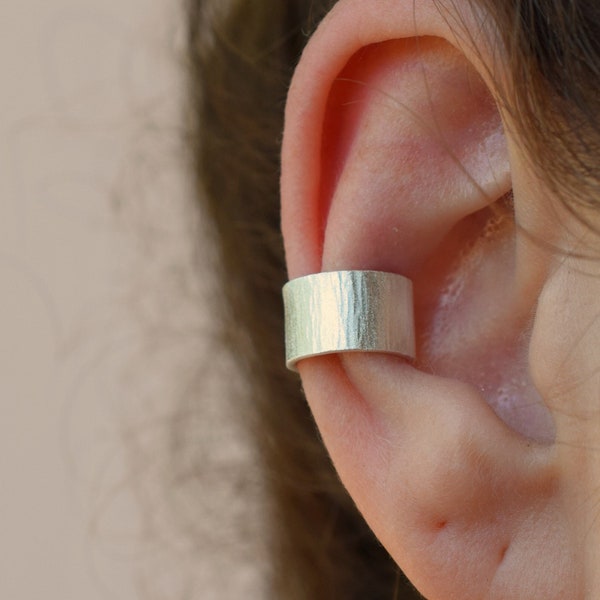 Wide hammered ear cuff, sterling silver earring, one piece, single earring