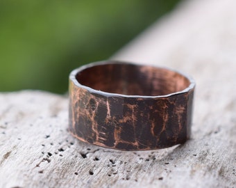 Rustic raw copper ring, hammered oxidized band copper ring, anniversary ring