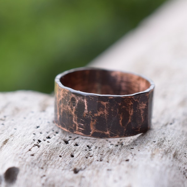 Rustic raw copper ring, hammered oxidized band copper ring, anniversary ring