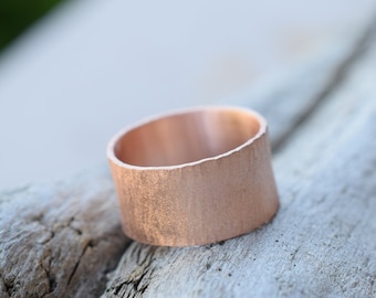 Wide band hammered matte rose gold plated sterling silver ring , wood effect