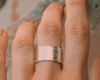 Wide band hammered sterling silver ring