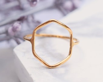 Gold plated hexagon Sterling silver ring, skinny geometric ring. 1 mm sterling silver ring, gift for her