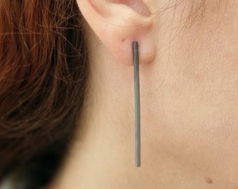 Long bar earrings, silver earrings, ruthenium plated