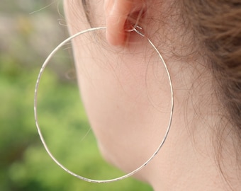 Large Handmade Hammered Sterling Silver Hoop Earrings, 2 3/4 inch