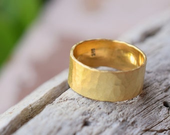 Wide 8mm gold band hammered sterling silver ring, 24K gold plated
