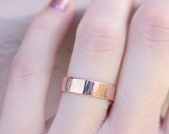 Rose gold ring, wide band sterling silver ring, hammered ring