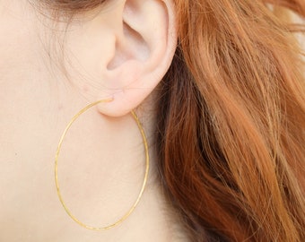 Gold plated medium hammered hoop earrings, sterling silver circle earrings, geometric earrings