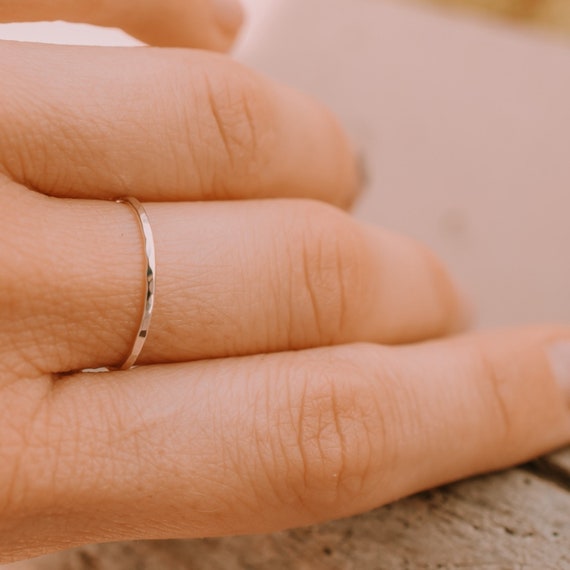 Hammered skinny sterling silver ring 1mm shiny silver ring