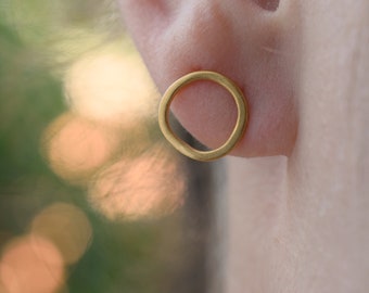 Tiny organic gold plated sterling silver circle stud earrings