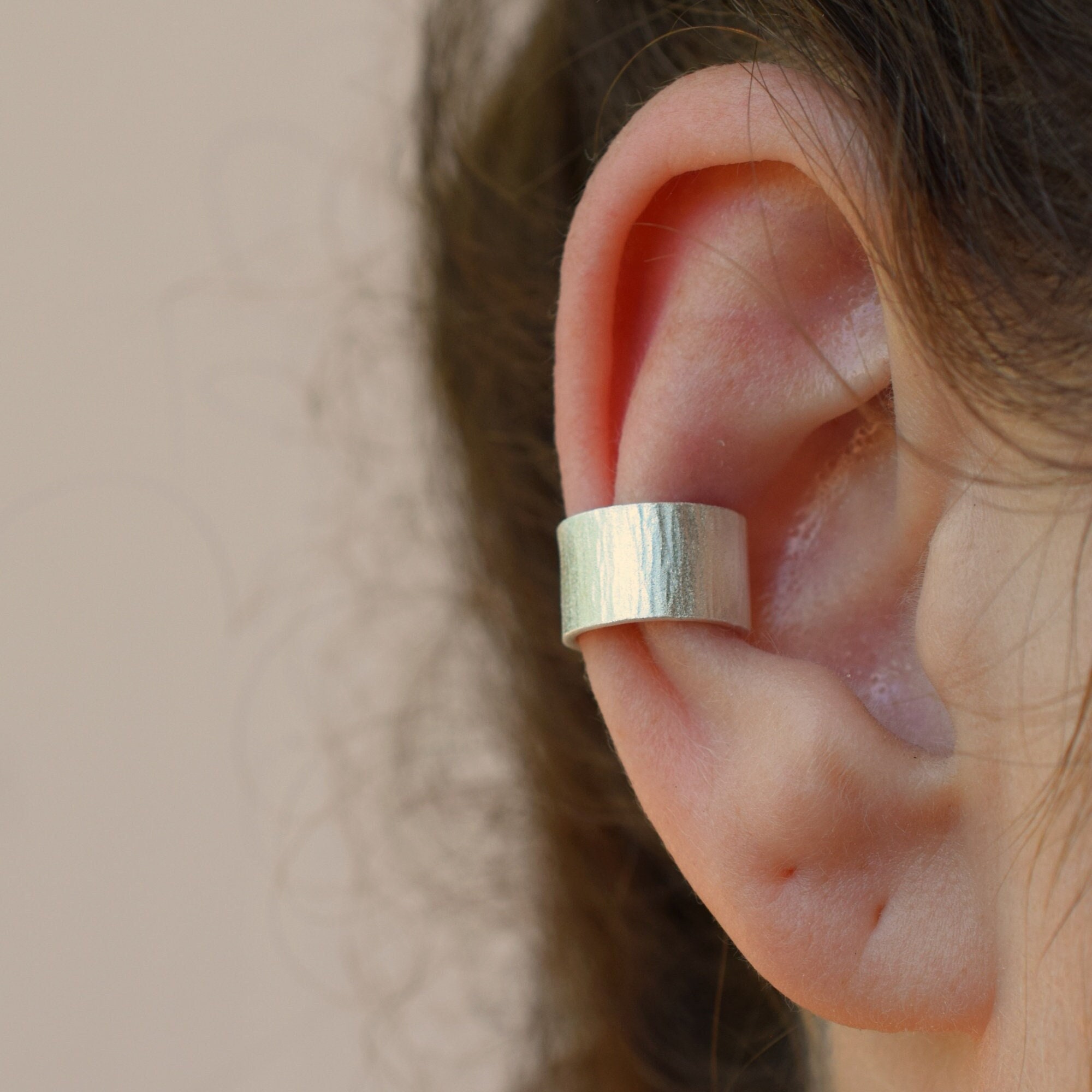 Wide hammered ear cuff, sterling silver earring, one piece, single earring