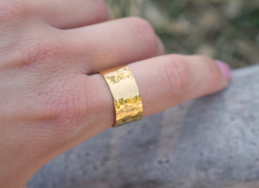 Hammered Sterling Silver Wide Band Ring, 24k Gold Plated - Etsy