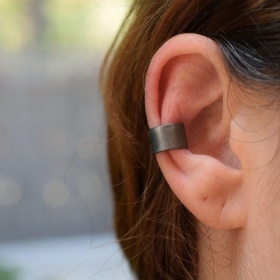 Black Wide Minimal Ear Cuff, Sterling Silver Earring, One