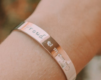 Breites Sterling Silber Armband mit Text, handgemacht