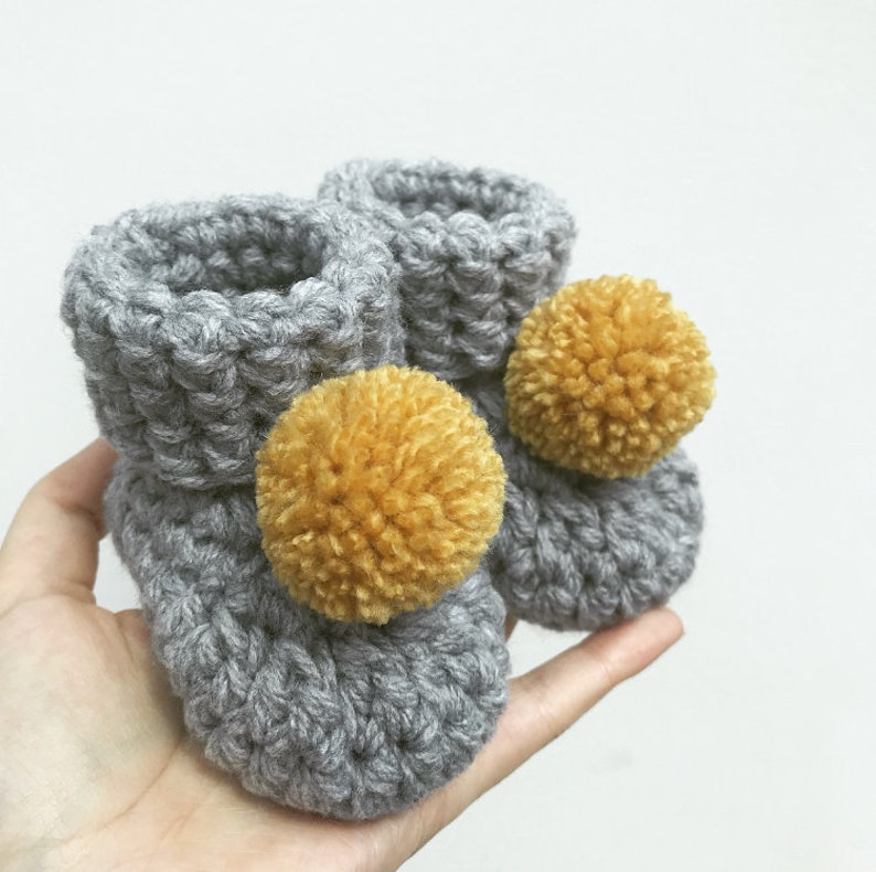 Grey crochet baby booties, New baby booties, Baby shower gift, New baby gift, Unisex baby booties, Pom pom booties, Mustard crochet booties image 2