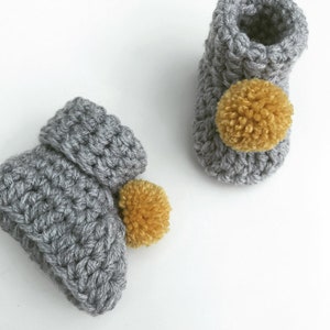 Grey crochet baby booties, New baby booties, Baby shower gift, New baby gift, Unisex baby booties, Pom pom booties, Mustard crochet booties image 3