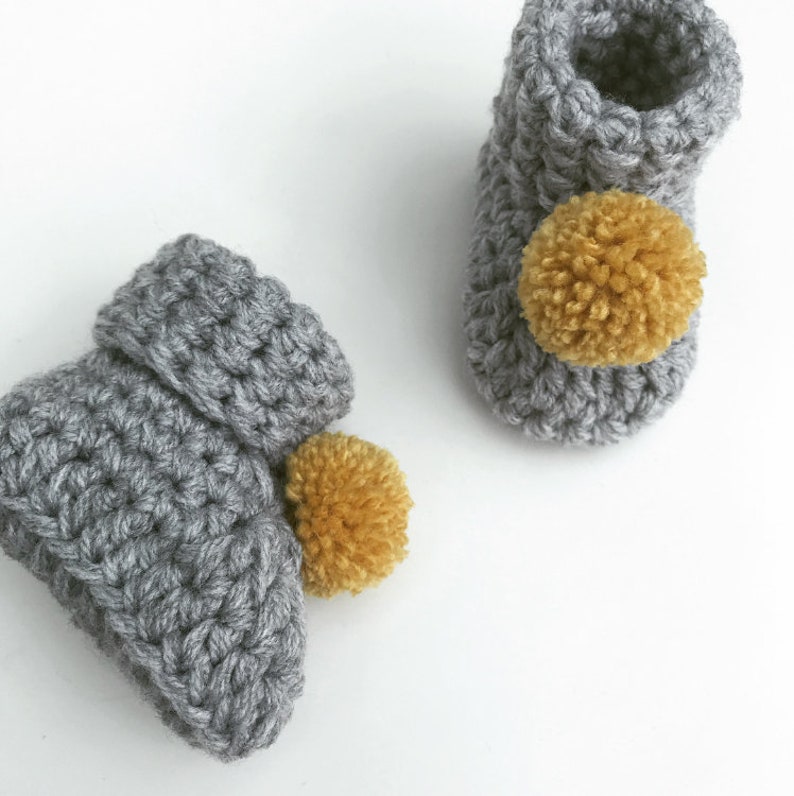 Grey crochet baby booties, New baby booties, Baby shower gift, New baby gift, Unisex baby booties, Pom pom booties, Mustard crochet booties image 3