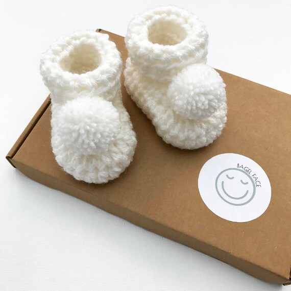 White Booties Crochet Baby Crochet Pom Pom Etsy