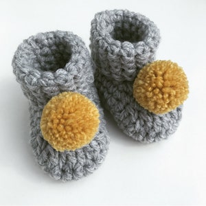 Grey crochet baby booties, New baby booties, Baby shower gift, New baby gift, Unisex baby booties, Pom pom booties, Mustard crochet booties image 1