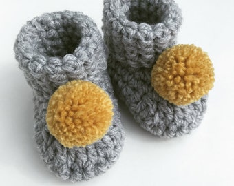 Grey crochet baby booties, New baby booties, Baby shower gift, New baby gift, Unisex baby booties, Pom pom booties, Mustard crochet booties