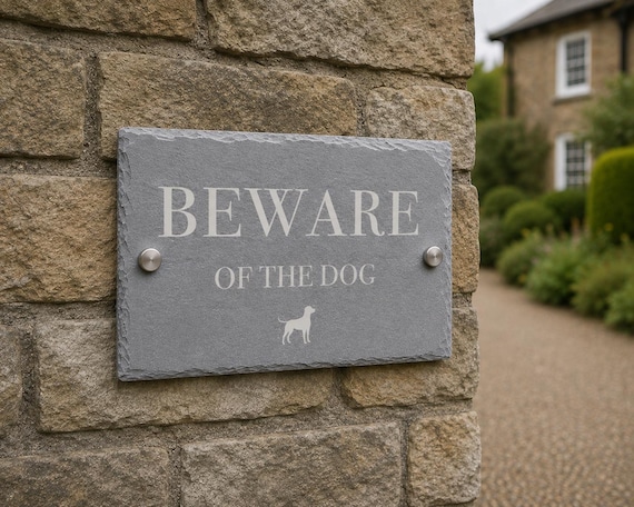 Personalized Beware of the Dog Slate Sign - Rustic Laser Engraved Outdoor Decor