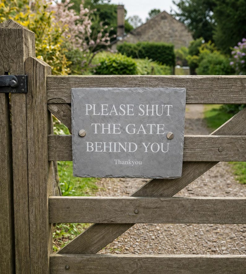 May include: A rectangular gray slate sign mounted on a wooden gate with two metal screws. The sign features white engraved text that reads: PLEASE SHUT THE GATE BEHIND YOU, followed by the word Thankyou centered at the bottom of the stone plaque.