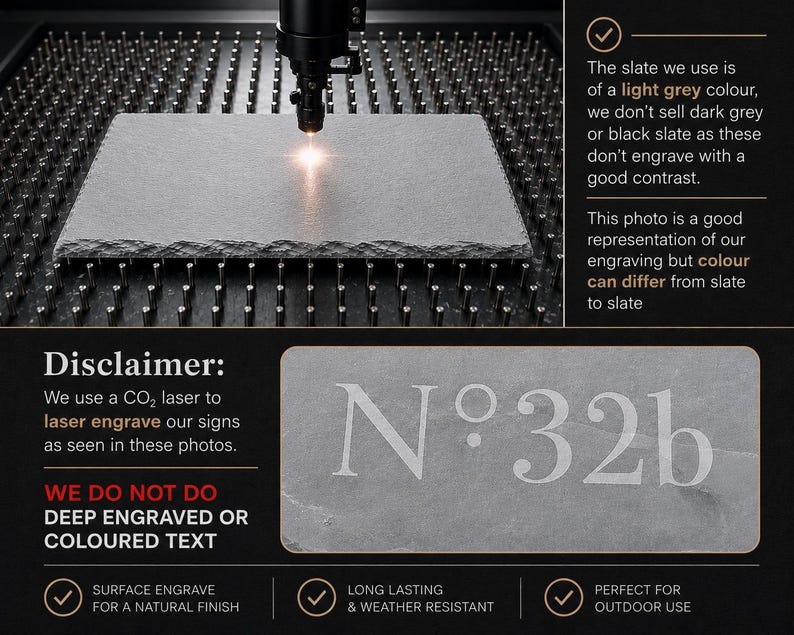 May include: A rectangular light grey slate sign featuring the laser-engraved text N&deg;32b. The image displays a CO2 laser engraving process on a slate surface with text disclaimers regarding the light grey color and surface engraving technique.