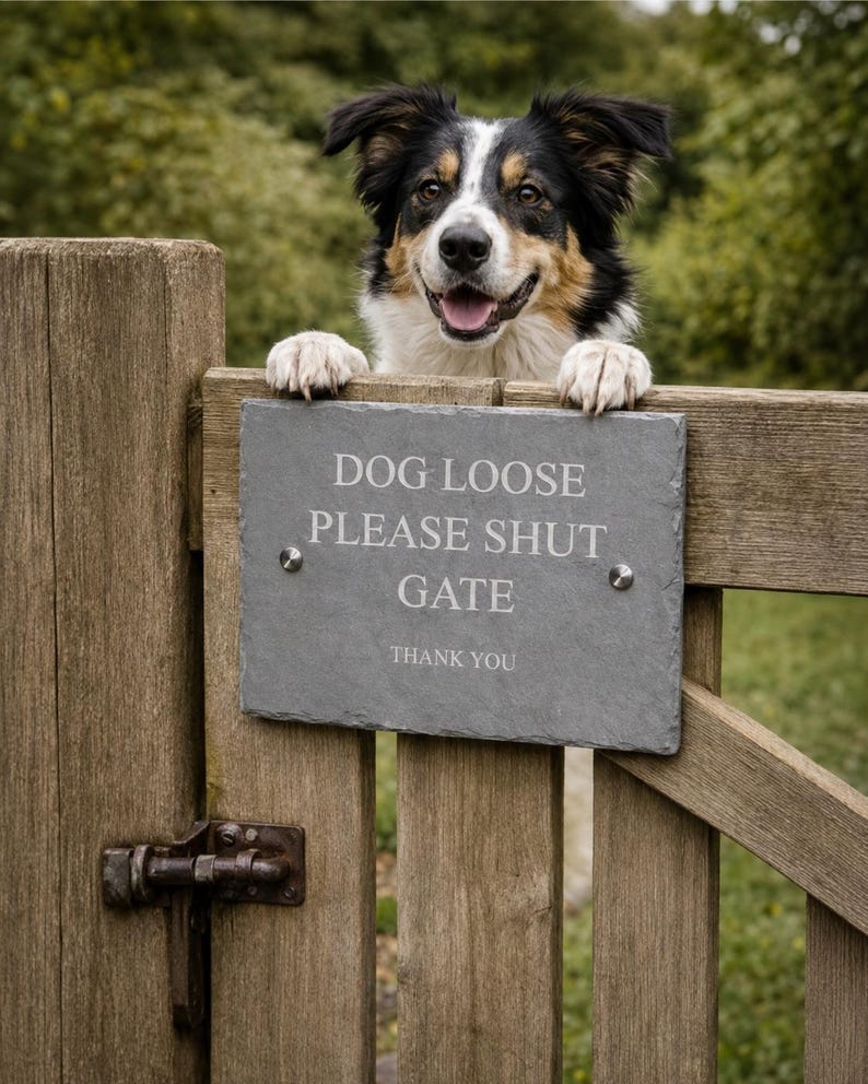 May include: A rectangular grey slate sign mounted on a wooden gate with the engraved text DOG LOOSE PLEASE SHUT GATE THANK YOU. The sign is secured with two silver metal screws. A black, white, and brown dog rests its front paws on the gate.