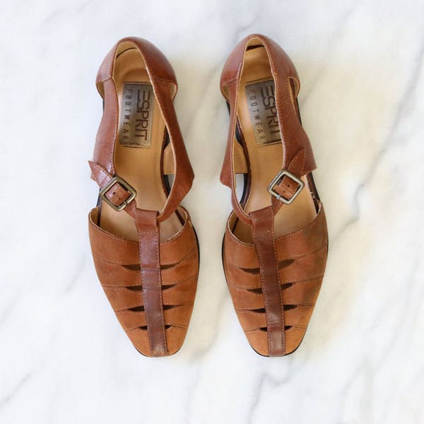 1990'S ESPRIT Brown Leather T Straps Mary Janes