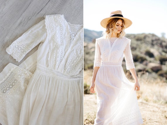 1910's Edwardian Vintage White Eyelet Dress // Whi