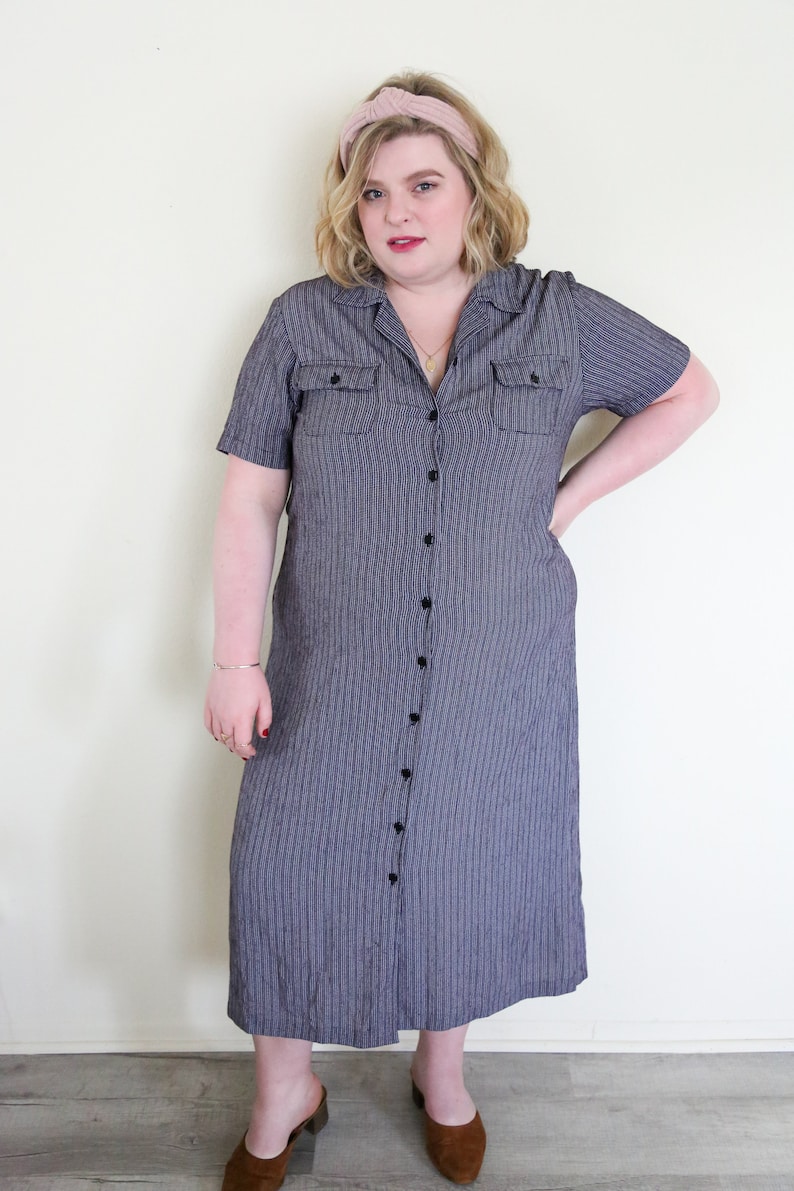 Vintage Navy Check Button Down Dress Minimalist Short Sleeve Maxi Rayon Dress Collared Button Down Shirt Dress Micro Gingham Dress