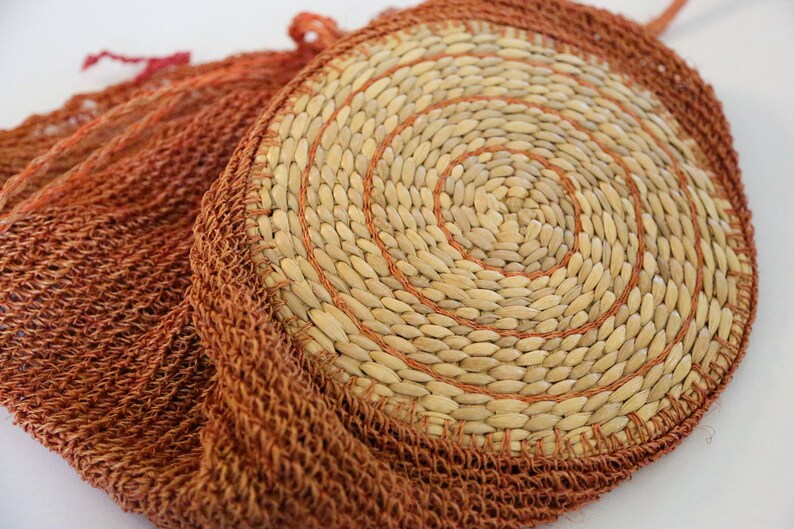 Vintage Rust Orange Straw Bohemian Bag Philipino Straw Market Bag Crossbody Shoulder Bucket Bag