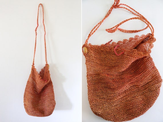 Vintage Rust Orange Straw Bohemian Bag Philipino Straw Market Bag Crossbody Shoulder Bucket Bag