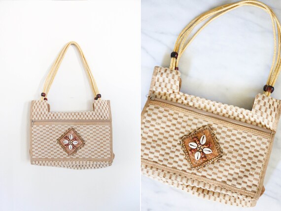 Vintage Beige and Brown Jute Knit Purse // Puka Sh