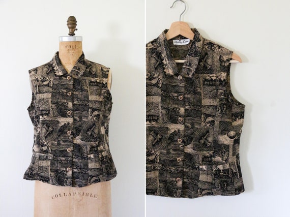 Vintage Brown and Black Collared Button Down Tank