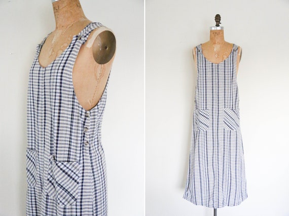 Vintage Cotton Linen Blend Apron Plaid Maxi Dress