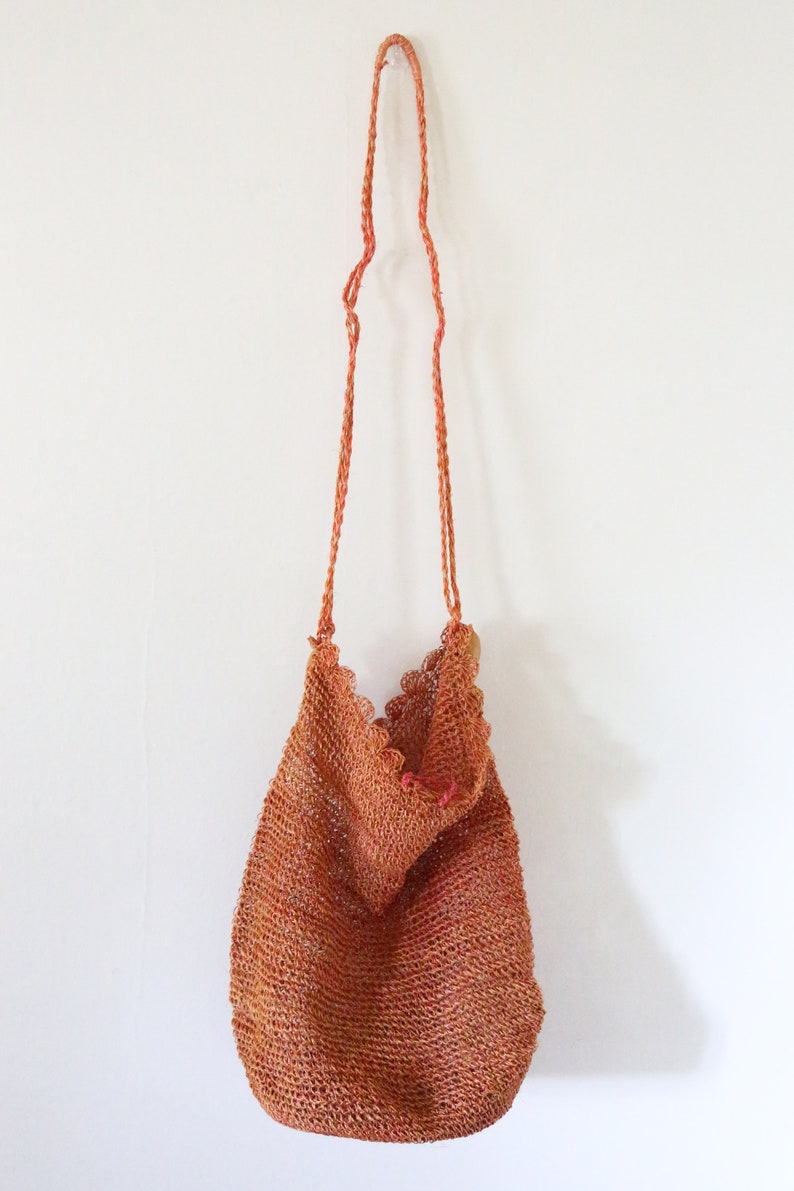 Vintage Rust Orange Straw Bohemian Bag Philipino Straw Market Bag Crossbody Shoulder Bucket Bag