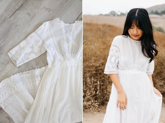 1910's Edwardian Vintage White Eyelet Lace Dress /