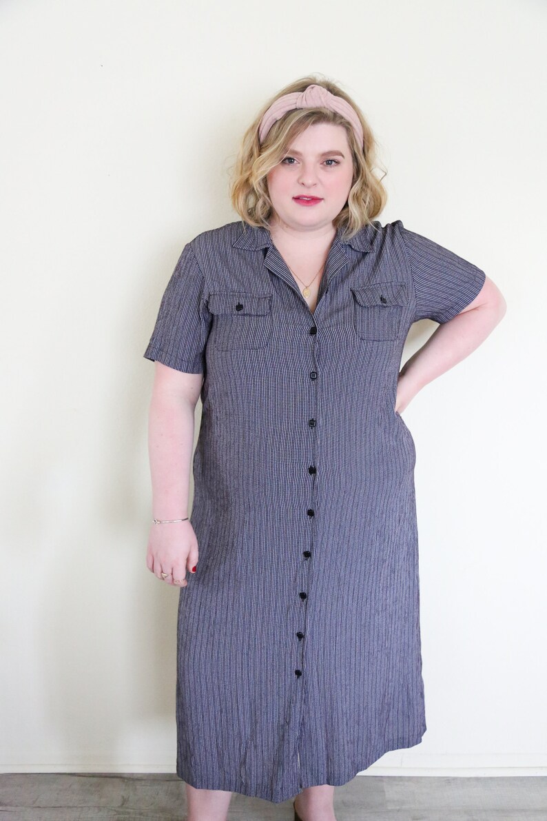 Vintage Navy Check Button Down Dress Minimalist Short Sleeve Maxi Rayon Dress Collared Button Down Shirt Dress Micro Gingham Dress