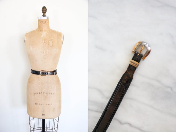 Vintage South Western Black Leather Belt // Round