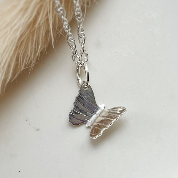 Silver butterfly pendant, Sterling silver simple butterfly handmade cutout pendant, textured bark or plain finish