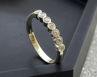 Solid gold & diamond eternity ring band, modern stylish unique handmade 9ct gold 7 round white brilliant cut 2mm diamonds dainty band