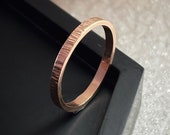 Solid rose gold 9ct delicate 2mm band ring, simple modern handmade hammered tree bark textured 9ct gold stylish wedding ring pink red gold
