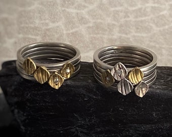 Silver, gold and diamond stacking rings, Sterling silver, 18ct yellow gold and diamond handmade leaf stacking rings